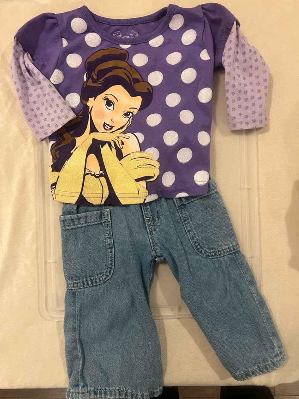 Disney Purple and Yellow Belle Polka Dot Top with Denim Pants